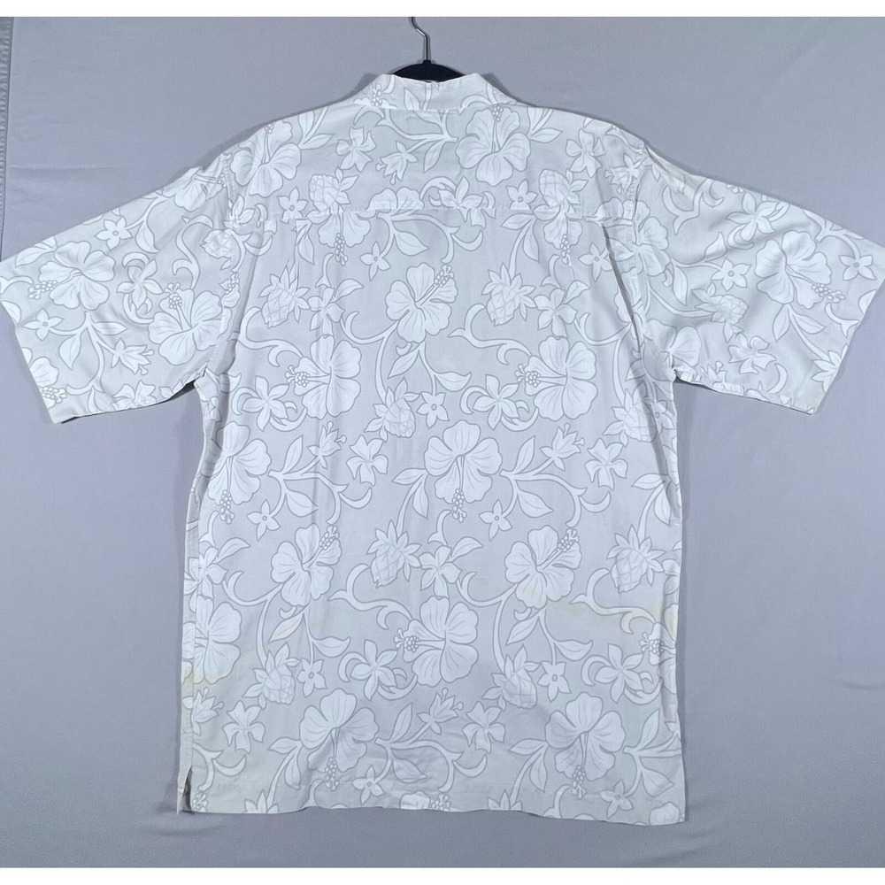American Outpost Men's XL Floral Hibiscus Pineapple Cotton Camp Shirt Grey White - Picture 7 of 10